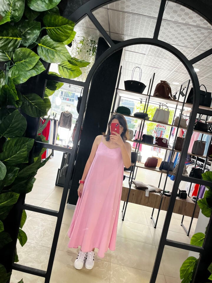 İnce Askılı Pembe Keten Elbise