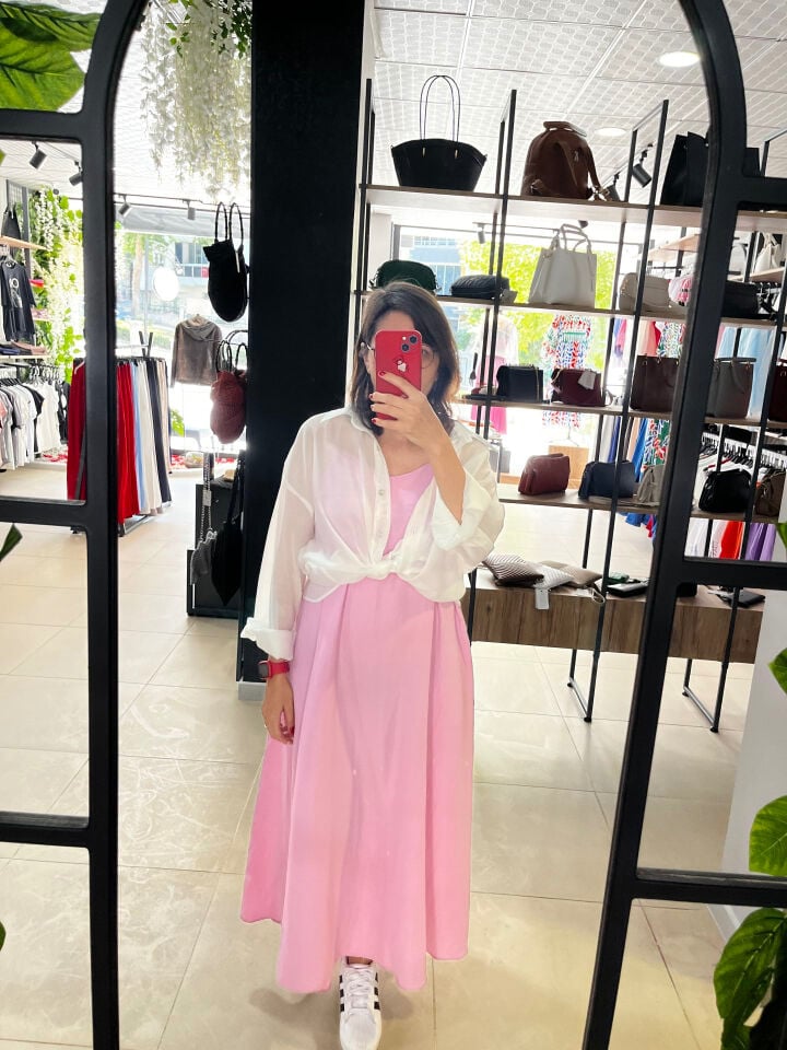 İnce Askılı Pembe Keten Elbise
