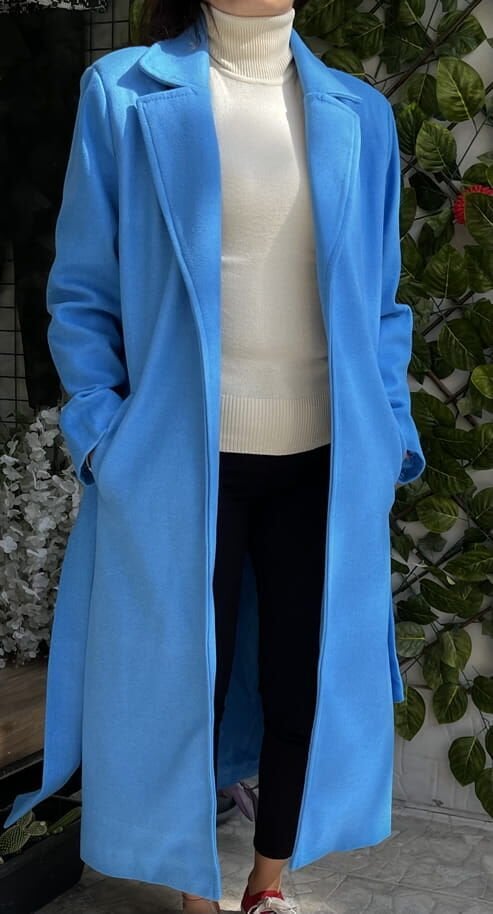 Kaşe Mavi Uzun Kaban