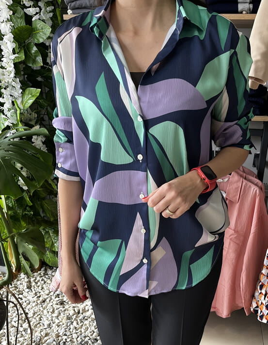 İpek Saten Grafik Desenli Gömlek