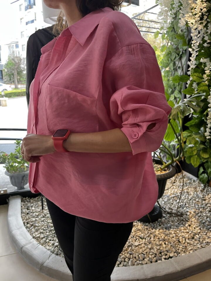 Düşük Omuz Oversize Pembe Gömlek