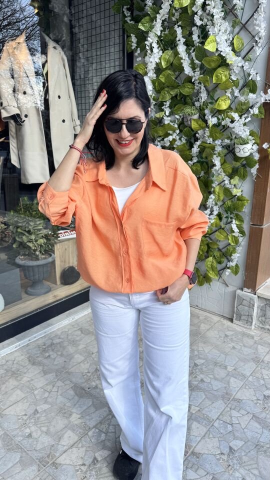 Düşük Omuz Oversize Turuncu Gömlek