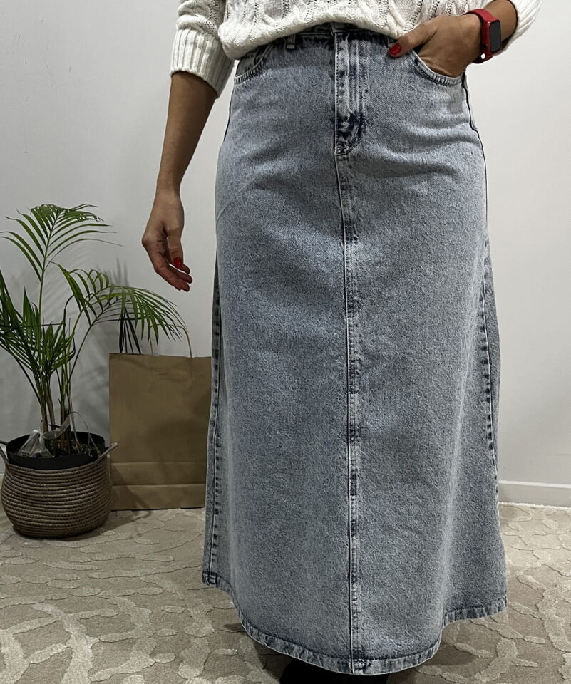 Uzun Geniş Açık Mavi Kot Etek