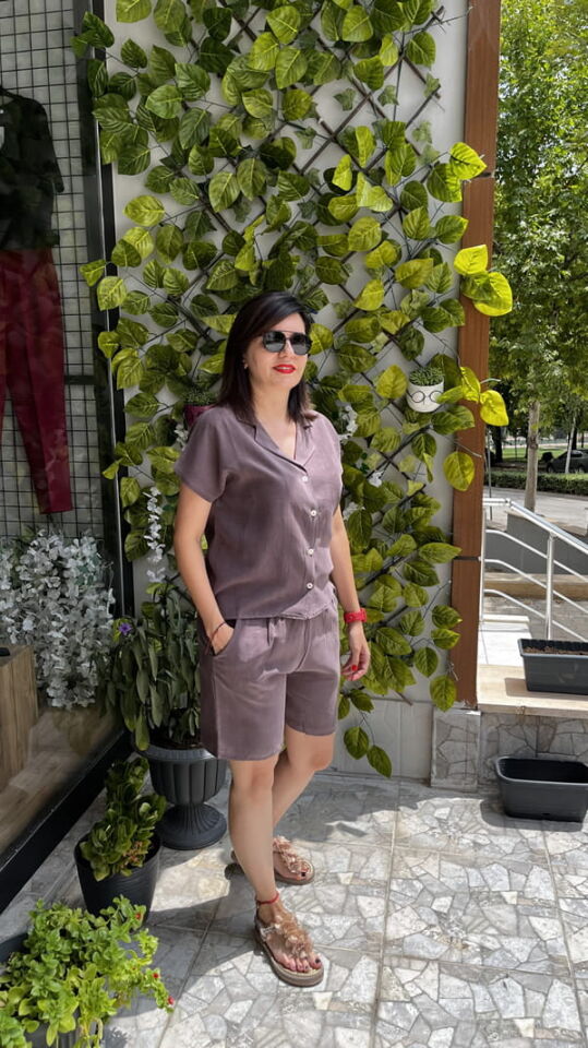 Kahverengi Keten Gömlek & Şort Takım