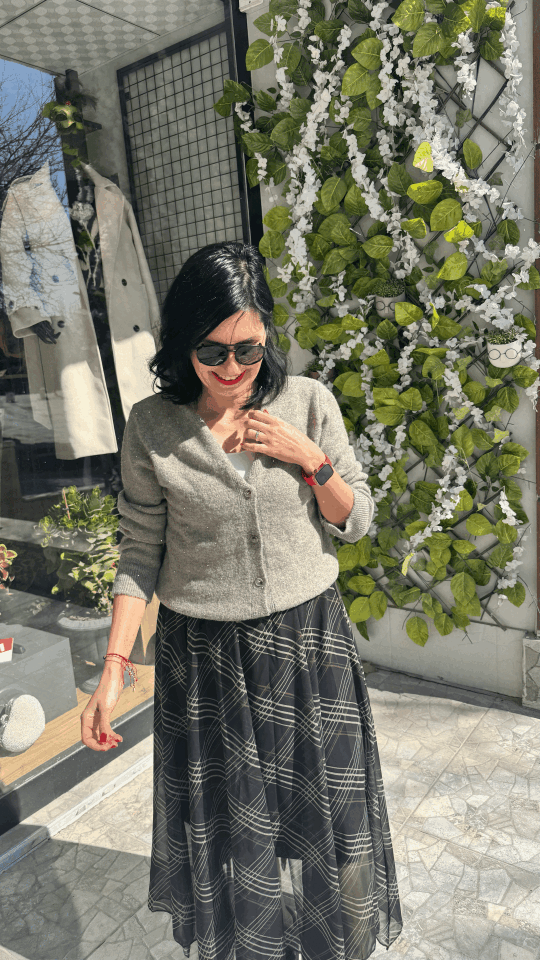 Kahve ve Bej Renkli Asimetrik Şifon Etek