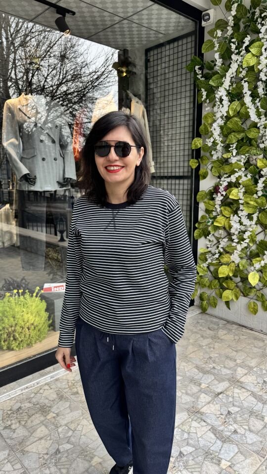 Lacivert Beyaz Çizgili Basic Rahat Kalıp Bisiklet Yaka Body