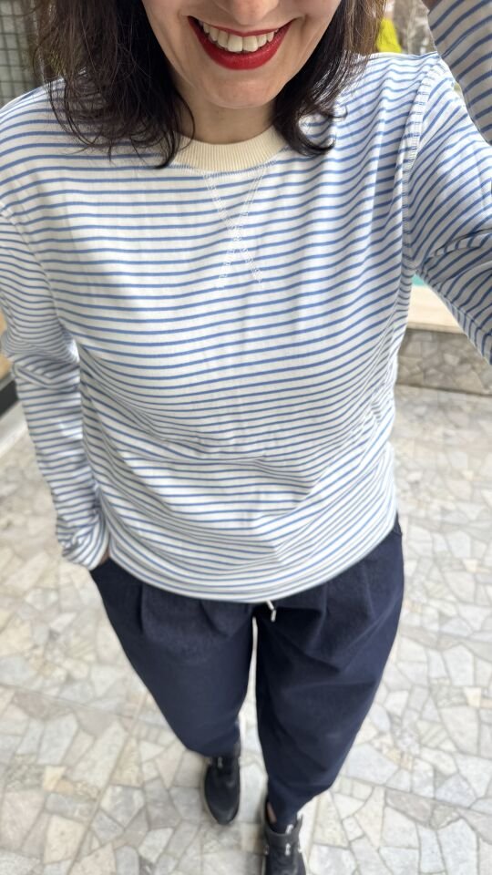 Açık Mavi Beyaz Çizgili Basic Rahat Kalıp Bisiklet Yaka Body