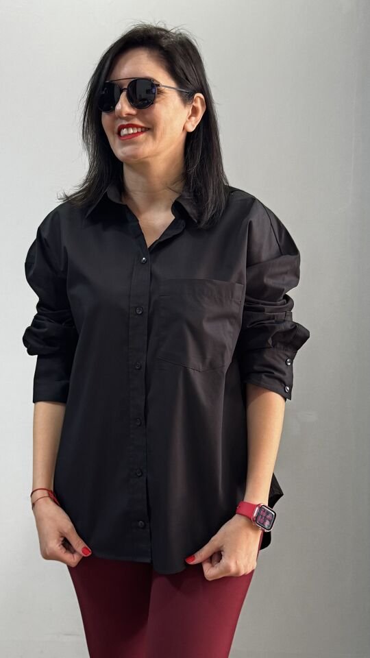 Oversize Pamuklu Basic Siyah Gömlek