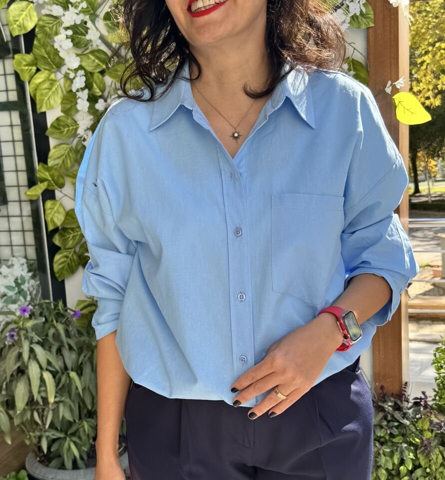 Oversize Pamuklu Basic Açık Mavi Gömlek