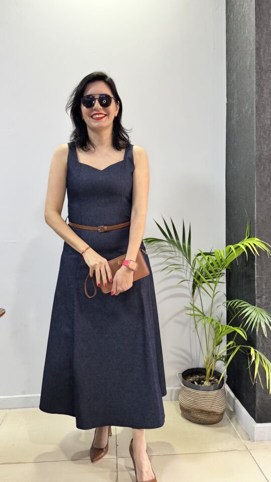 Mavi Uzun Kot Elbise Kalın Askılı Kare Yaka