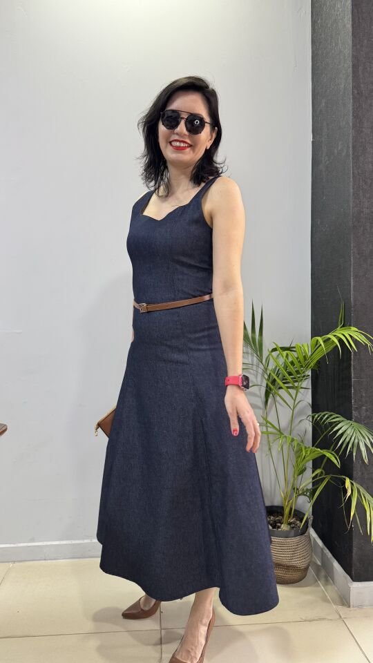 Mavi Uzun Kot Elbise Kalın Askılı Kare Yaka