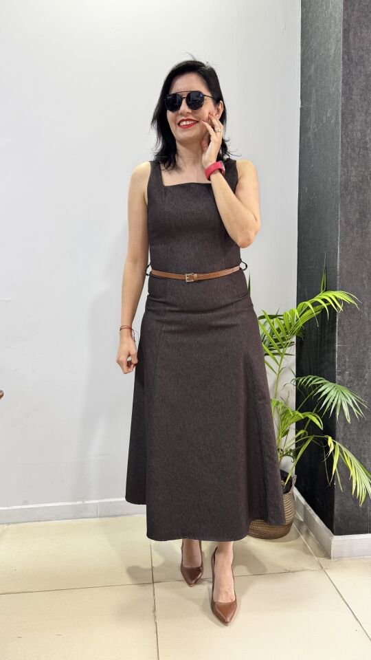 Kahve Uzun Kot Elbise Kalın Askılı Kare Yaka