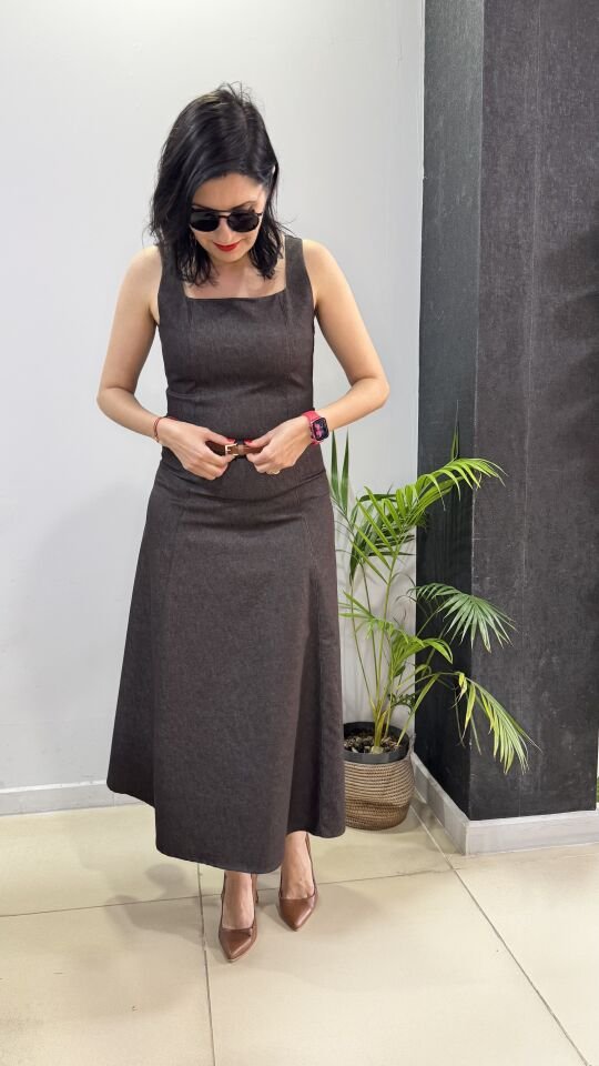 Kahve Uzun Kot Elbise Kalın Askılı Kare Yaka