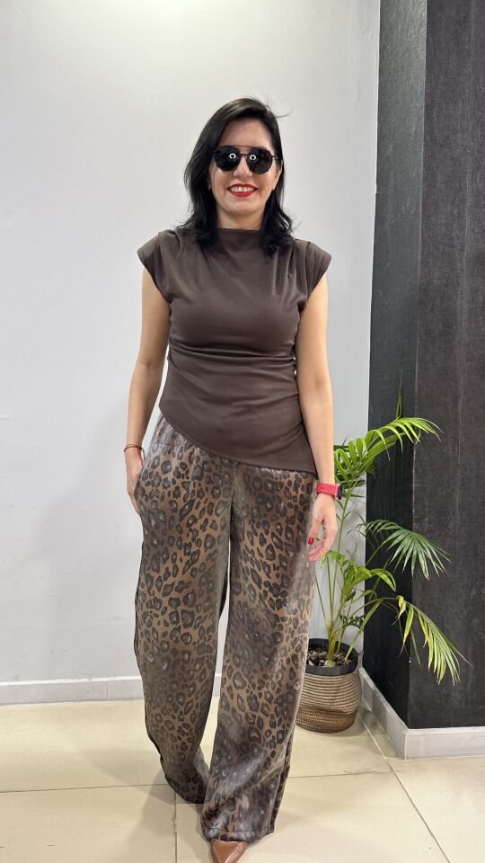Leopar Desenli Parlak Kahve Geniş Paça Pantolon