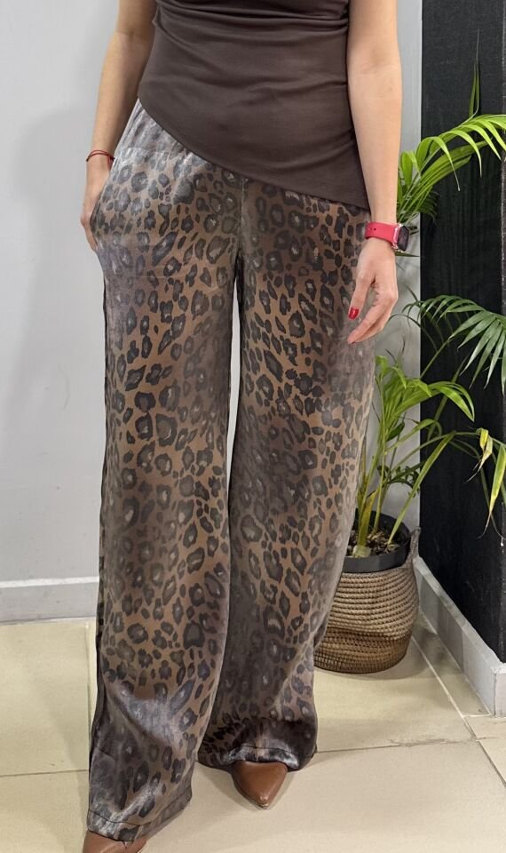 Leopar Desenli Parlak Kahve Geniş Paça Pantolon