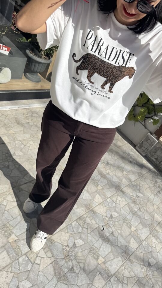 Leopar Baskılı Oversize Beyaz Tişört