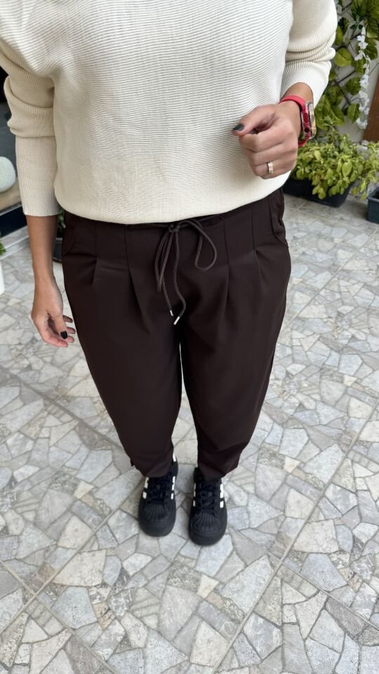 Önden Bağcıklı Rahat Kesim Jogger Kahve Pantolon