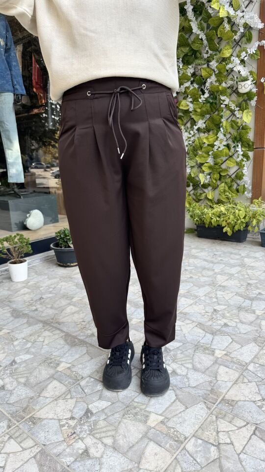Önden Bağcıklı Rahat Kesim Jogger Kahve Pantolon