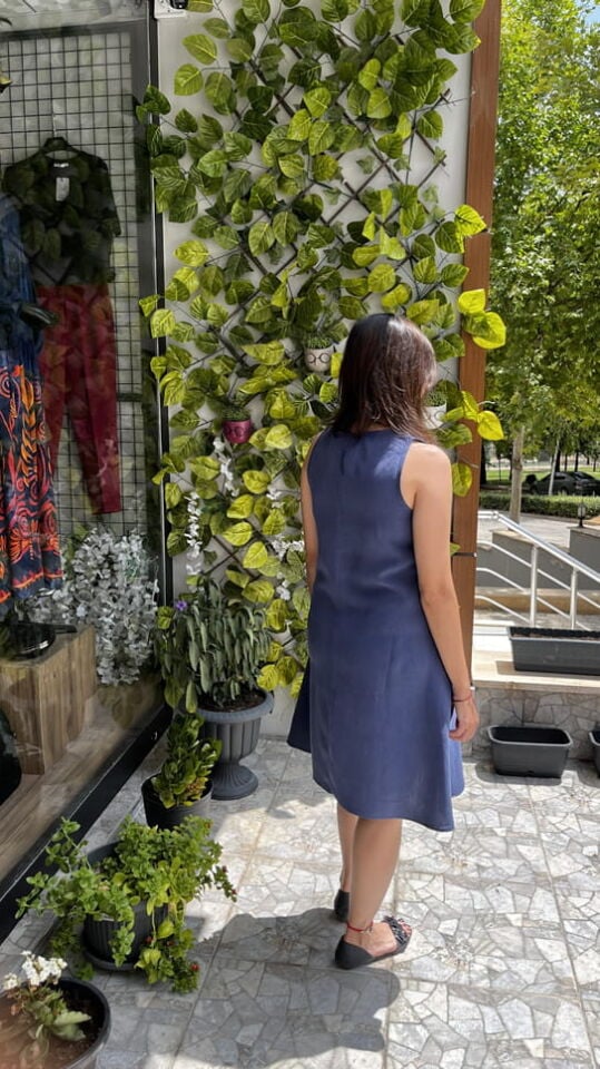 İndigo Mavi Kalın Askılı Keten Kısa Elbise