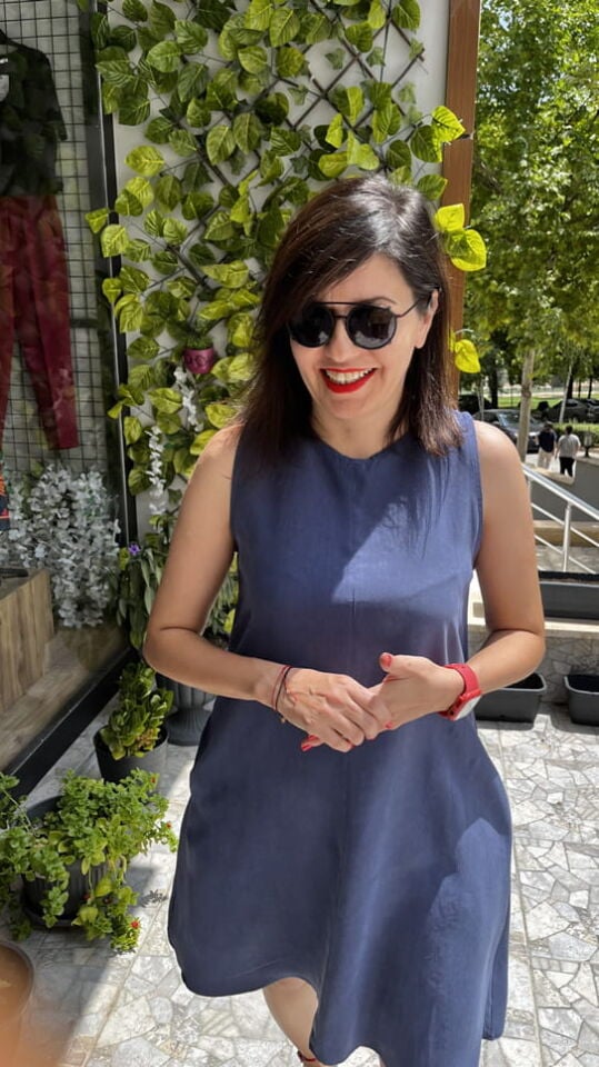 İndigo Mavi Kalın Askılı Keten Kısa Elbise