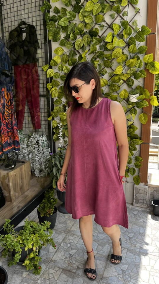 Bordo Kalın Askılı Keten Kısa Elbise