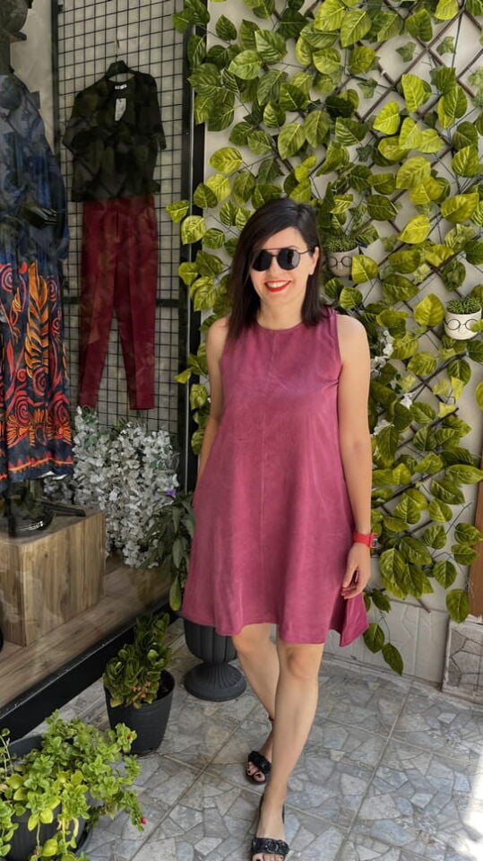 Bordo Kalın Askılı Keten Kısa Elbise