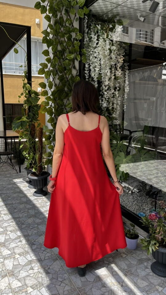 Kırmızı Askılı Dubai Kumaş Uzun Elbise