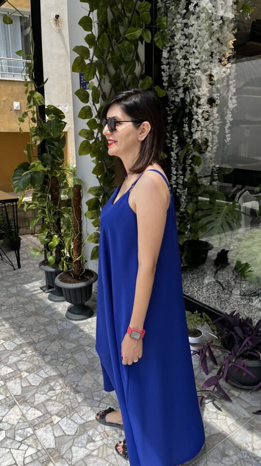 Saks Mavisi İnce Askılı Uzun Dubai Kumaş Elbise