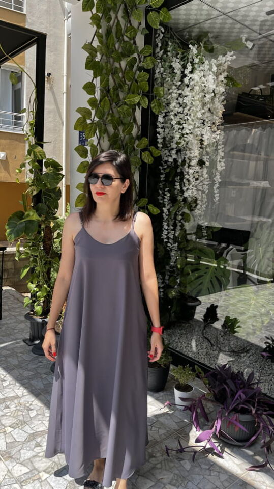 Gri İnce Askılı Uzun Dubai Kumaş Elbise