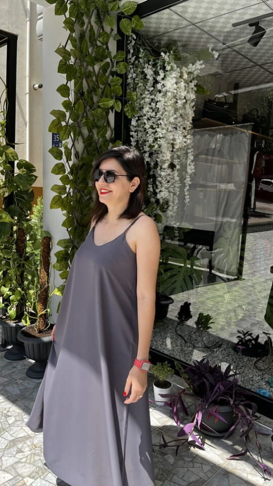 Gri İnce Askılı Uzun Dubai Kumaş Elbise