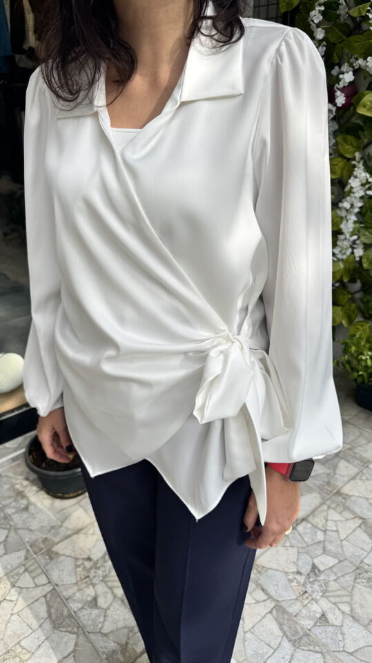 Saten Yandan Bağlamalı Beyaz Gömlek