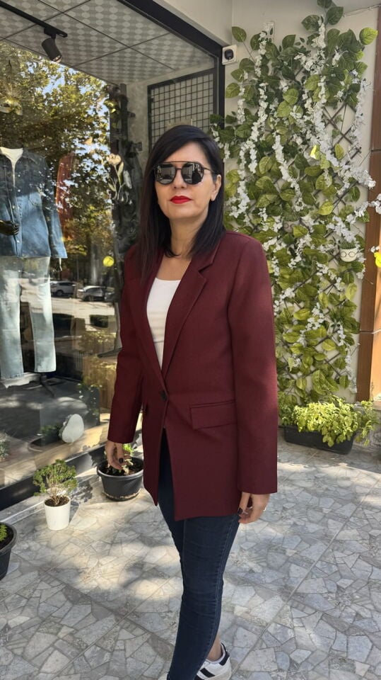 Yün Efekt Kumaş Tek Düğmeli Bordo Blazer Ceket