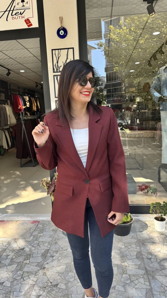 Yün Efekt Kumaş Tek Düğmeli Bordo Blazer Ceket