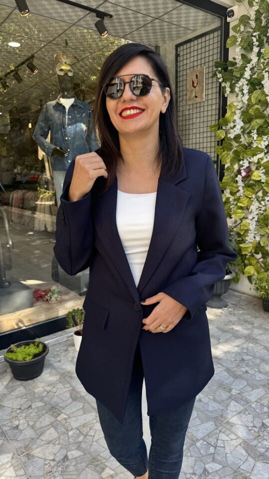 Yün Efekt Kumaş Tek Düğmeli Lacivert Blazer Ceket