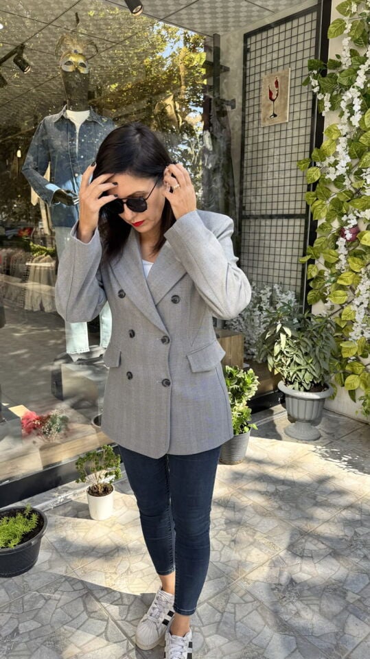 Balık Sırtı Kruvaze Gri Blazer Ceket