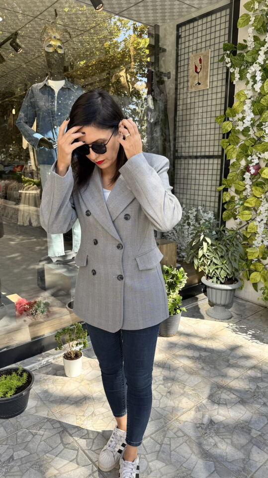 Balık Sırtı Kruvaze Gri Blazer Ceket