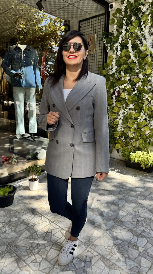 Balık Sırtı Kruvaze Gri Blazer Ceket