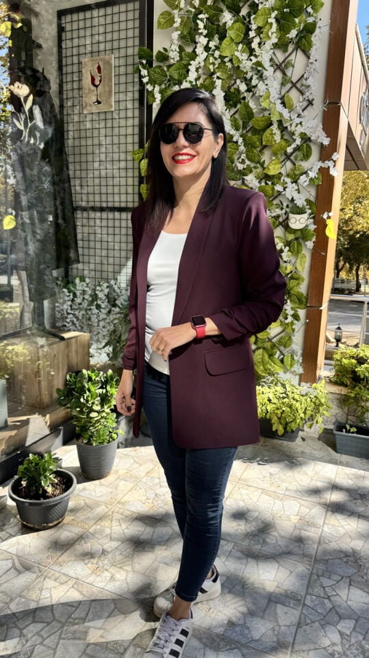 Kolu Büzgü Detaylı Atlas Kumaş Mürdüm Blazer Ceket