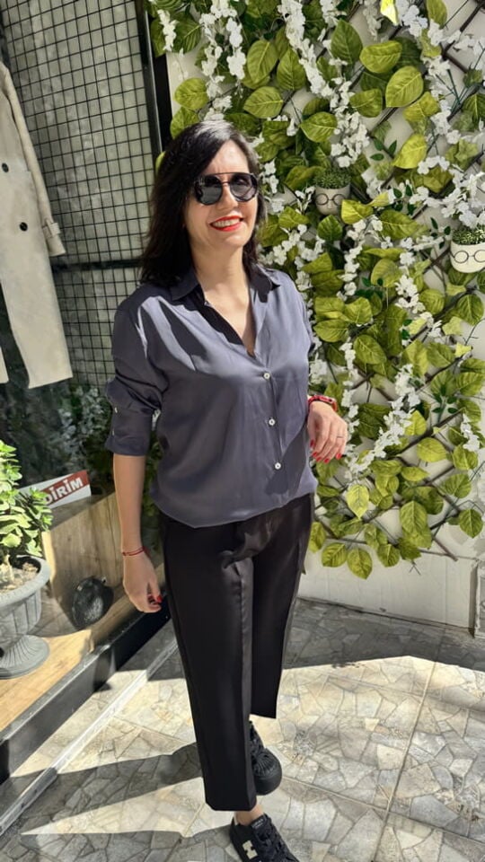 Saten Diagonal Desen Antrasit Gömlek