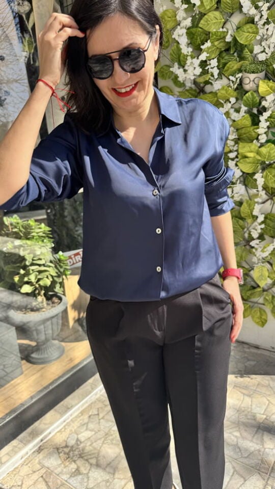 Saten Diagonal Desen Lacivert Gömlek