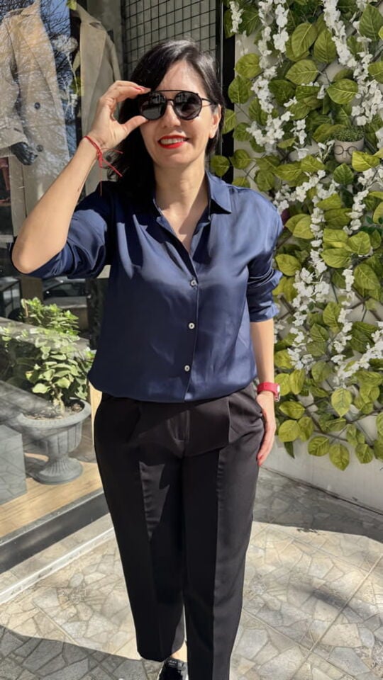 Saten Diagonal Desen Lacivert Gömlek