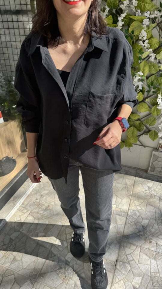 Düşük Omuz Oversize Siyah Gömlek