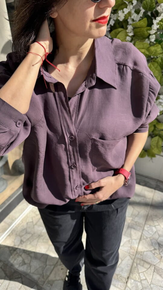 Düşük Omuz Oversize Mürdüm Gömlek