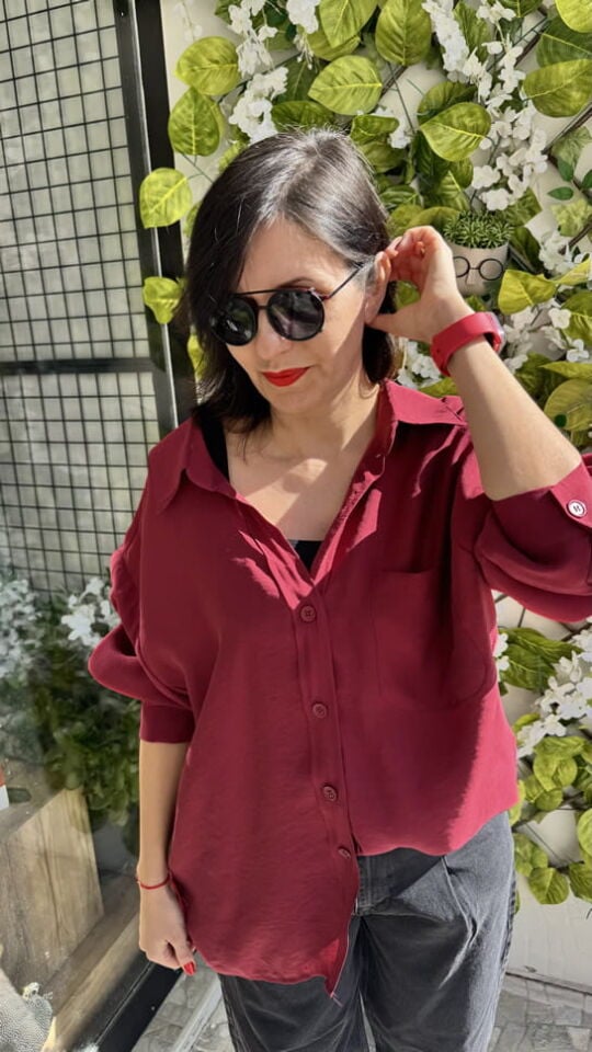 Düşük Omuz Oversize Bordo Gömlek