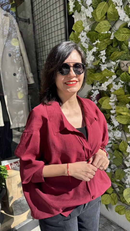 Düşük Omuz Oversize Bordo Gömlek