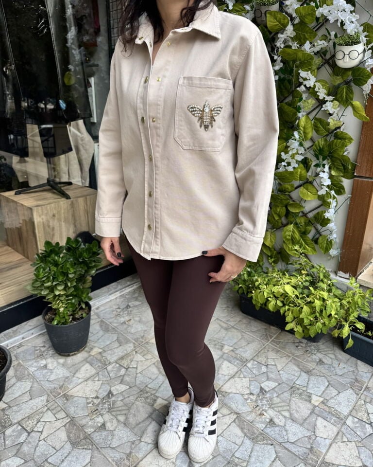 Arı Detaylı Ekru İnce Kot Ceket