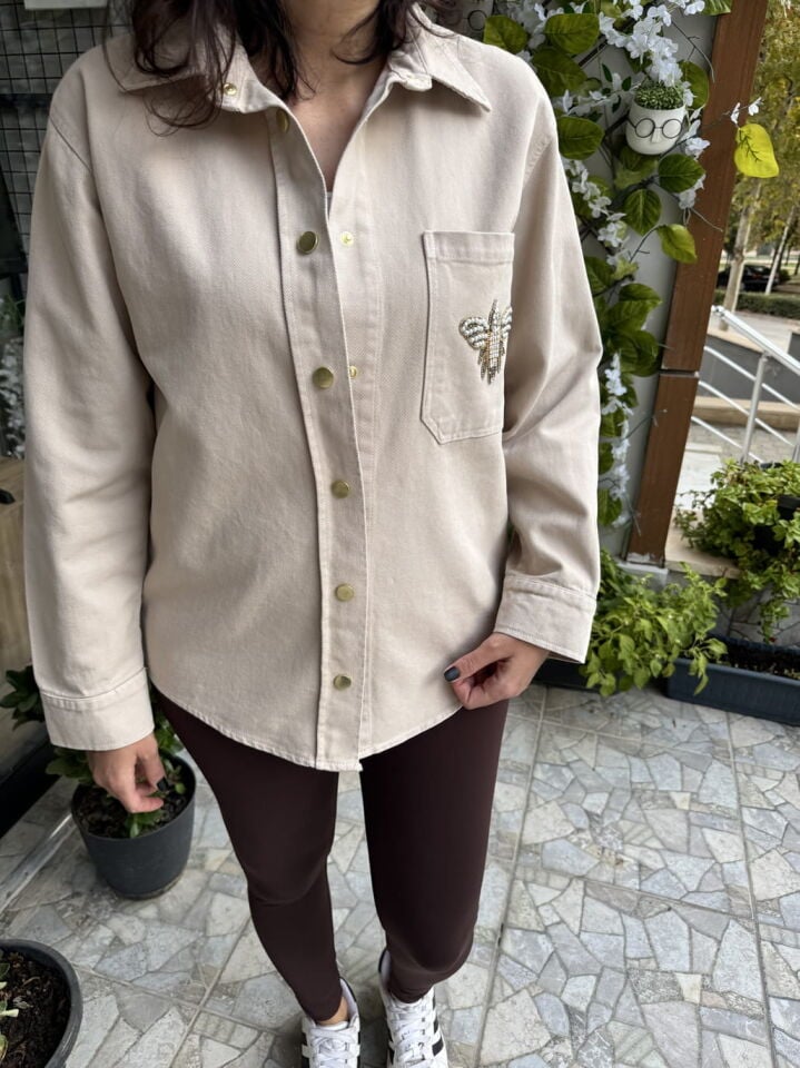 Arı Detaylı Ekru İnce Kot Ceket