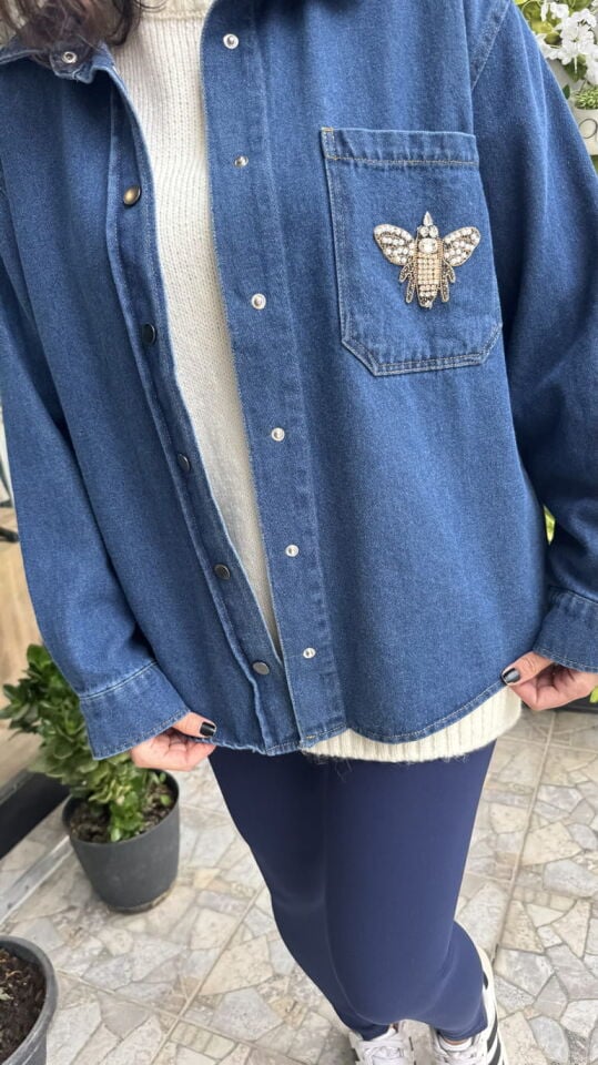 Arı Detaylı Mavi İnce Kot Ceket