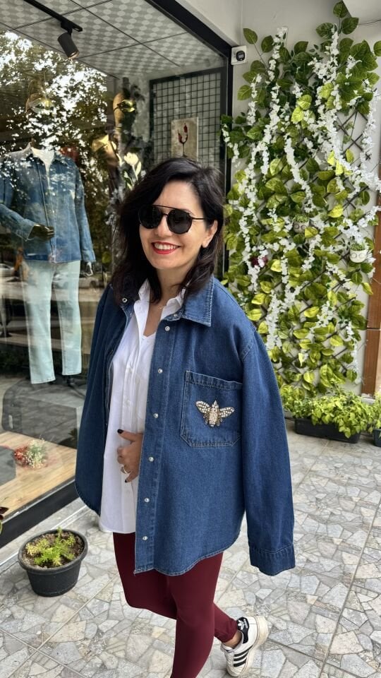 Arı Detaylı Mavi İnce Kot Ceket