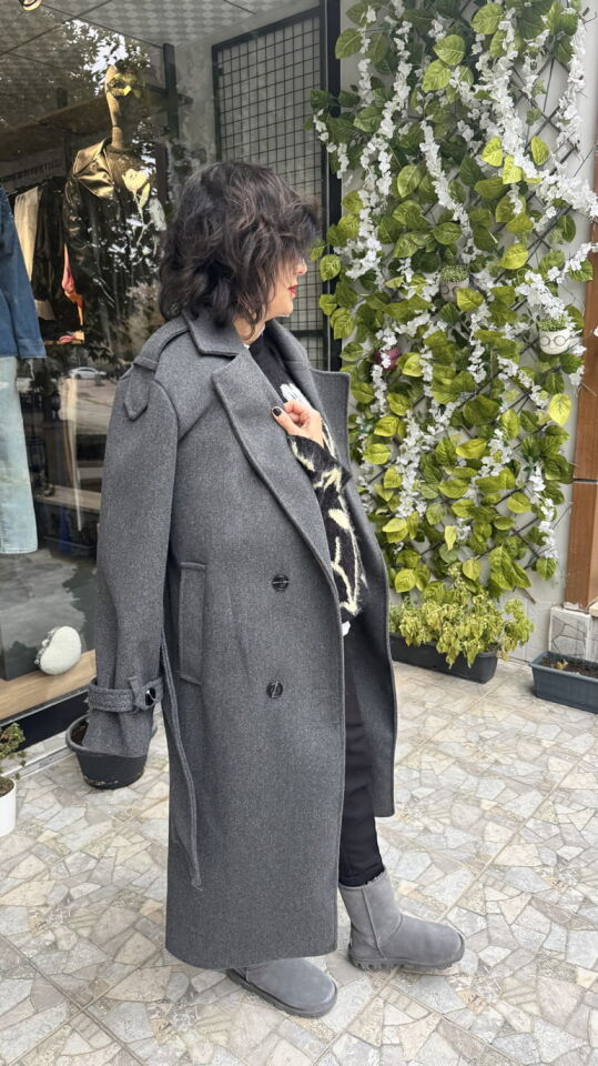 Premium Kalite Apolet Detaylı Antrasit Kaşe Kaban